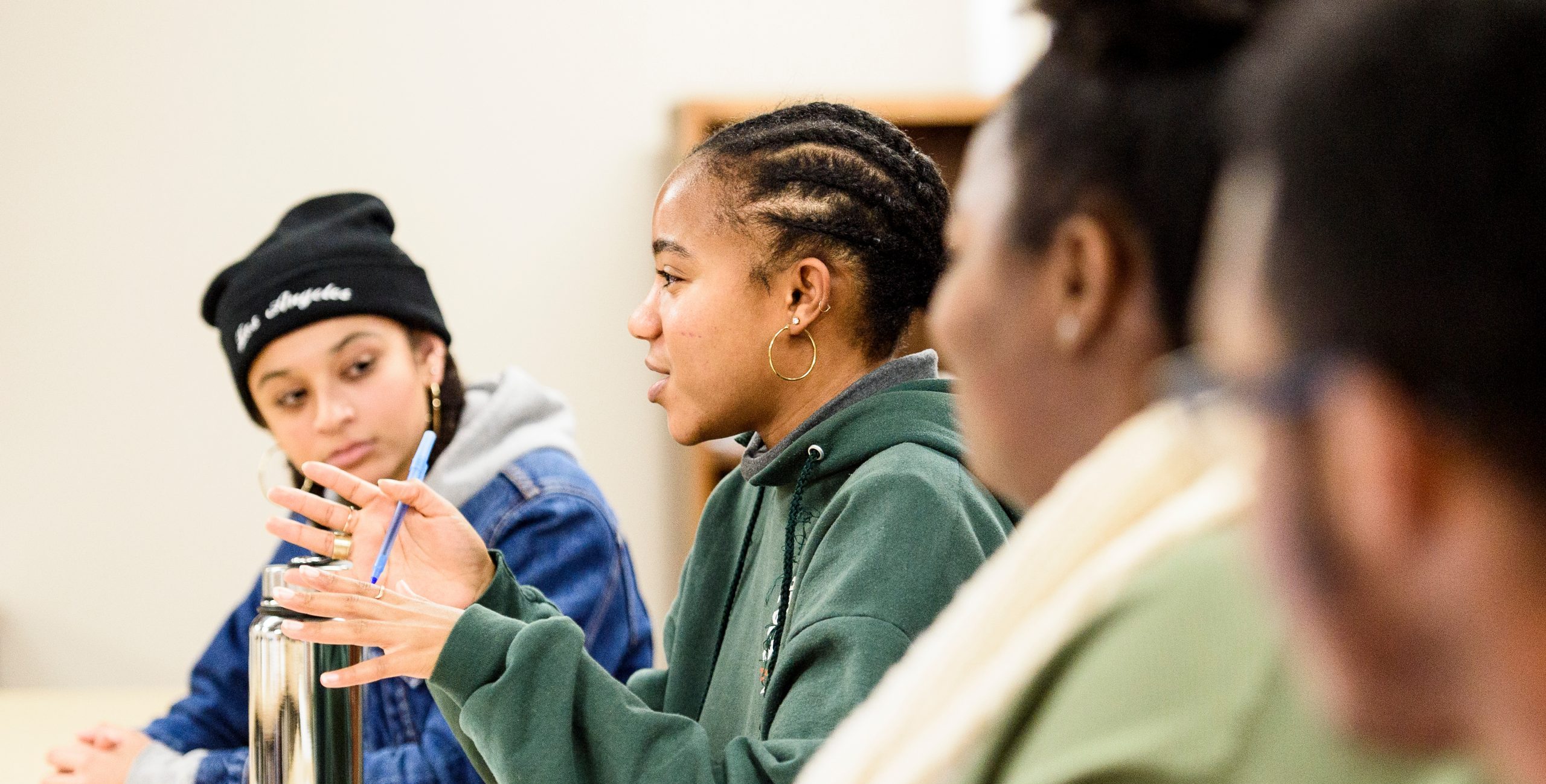 Black students taking part in a discussion about a multimedia project focused on the 50th anniversary of the Black Student Strike that took place on campus